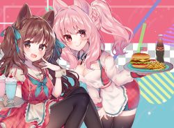 Rule 34 | 2girls, :d, absurdres, animal ear fluff, animal ears, apron, black legwear, blush, braid, breasts, brown eyes, brown hair, dress, finger to cheek, food, hand on own thigh, hand up, highres, holding, holding tray, kawachi rin, long hair, looking at viewer, medium breasts, multiple girls, open mouth, original, pink eyes, pink hair, ponytail, short dress, simple background, smile, thighhighs, tongue, tongue out, tray, two side up, waitress