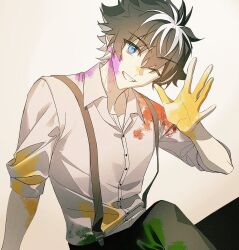 Rule 34 | 1boy, alternate costume, black hair, black pants, blue eyes, charlemagne (fate), collared shirt, fate/grand order, fate (series), grin, idass (idass16), looking at viewer, male focus, multicolored hair, one eye closed, open hand, paint on clothes, paint splatter, paint splatter on face, pants, shirt, short hair, short sleeves, simple background, sitting, smile, solo, suspenders, two-tone hair, upper body, white background, white hair, white shirt