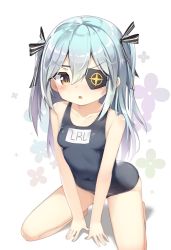 Rule 34 | 1girl, bare arms, bare legs, bare shoulders, barefoot, black bow, blue hair, blue one-piece swimsuit, blush, bow, breasts, brown eyes, character name, clothes writing, collarbone, covered navel, darnell, eyepatch, fingernails, hair between eyes, hair bow, highres, kneeling, last origin, long hair, lrl (last origin), one-piece swimsuit, parted lips, print eyepatch, school swimsuit, shadow, skindentation, small breasts, solo, striped, striped bow, swimsuit, tongue, two side up, v-shaped eyebrows, very long hair, white background