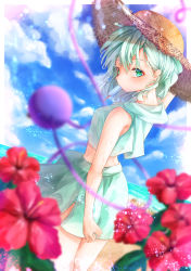Rule 34 | 1girl, absurdres, alternate costume, alternate headwear, aqua eyes, aqua hair, aqua shirt, aqua skirt, beach, blue sky, blurry, blurry foreground, calpis118, cloud, commentary, crop top, day, dutch angle, flower, food, from behind, hair between eyes, hat, hibiscus, highres, horizon, komeiji koishi, light particles, looking at viewer, looking back, mouth hold, ocean, outdoors, popsicle, red flower, shirt, short hair, skirt, sky, sleeveless, sleeveless shirt, solo, straw hat, sweat, third eye, touhou