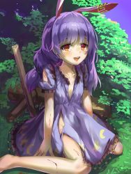 Rule 34 | 1girl, animal ears, arms at sides, blood, blood on arm, blood on leg, blue dress, blue hair, braid, braided ponytail, broken, broken weapon, bush, collarbone, crescent moon symbol, cuts, day, dress, earclip, eyelashes, foot out of frame, grass, highres, injury, kine, mallet, multi-tied hair, open mouth, outdoors, piyodesu, rabbit ears, red eyes, seiran (touhou), short hair, short sleeves, sitting, solo, star (symbol), tearing up, torn clothes, torn dress, touhou, wariza, weapon