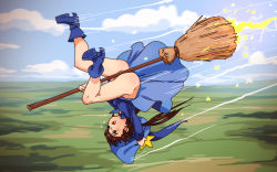 Rule 34 | 1girl, ass, bad id, bad pixiv id, blue eyes, blue footwear, blue hat, blue shirt, blue skirt, blush, boots, bottomless, broom, broom riding, brown hair, censored, character request, choker, cloud, convenient censoring, crotch rub, female focus, floating, hat, holding, holding clothes, holding hat, kiriririn, long hair, no panties, outdoors, ponytail, shirt, skirt, sky, solo, sparkle, star (symbol), upside-down, witch hat