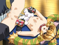 Rule 34 | 1boy, 1girl, ahoge, animal ears, animal hands, bell, belt, black thighhighs, blonde hair, breasts, carnelian, cat ears, censored, clothed male nude female, collar, fang, flat chest, game cg, green eyes, hetero, jingle bell, kichijouji sakigake, long hair, mosaic censoring, motokaji shuka, necktie, nipples, non-web source, nude, open fly, open mouth, penis, quad tails, sex, sho-ki, solo focus, spread legs, thighhighs, unzipped, vaginal