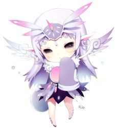 Rule 34 | androgynous, bad id, bad pixiv id, brown eyes, character request, elsword, expressionless, gender request, ino92, long hair, shoes, skirt, sleeves past wrists, solo, white background, white hair, wings