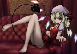 Rule 34 | 1girl, bare legs, barefoot, blonde hair, couch, dress, flandre scarlet, laevatein (tail), panties, red dress, red eyes, tail, touhou, underwear