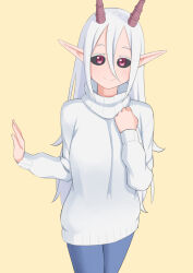 Rule 34 | 1girl, bad leg, black sclera, blue pants, blush, clenched hand, colored sclera, easy (aqk7bdqt), hair between eyes, hand up, hime-sama &quot;goumon&quot; no jikan desu, horns, invisible wall, long hair, long sleeves, looking at viewer, lulune (himesama goumon), pants, pink eyes, pointy ears, simple background, smile, solo, standing, sweater, very long hair, white hair, white sweater, yellow background