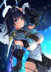 Rule 34 | 1girl, blue eyes, blue hair, bow, bow earrings, breasts, cape, clothing cutout, detached sleeves, earrings, hase neet, highres, hololive, hololive english, jewelry, large breasts, ouro kronii, ouro kronii (1st costume), skirt, striped clothes, striped skirt, underboob cutout, virtual youtuber