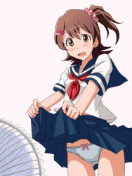Rule 34 | 10s, 1girl, blouse, blue panties, blue skirt, blush, bow, bow panties, brown eyes, brown hair, clothes lift, commentary request, crotch seam, electric fan, fanning crotch, hair ornament, hairclip, idolmaster, idolmaster million live!, kasuga mirai, lace, lace-trimmed panties, lace trim, lielos, lifting own clothes, looking at viewer, miniskirt, neckerchief, one side up, open mouth, panties, pleated skirt, red neckerchief, school uniform, scrunchie, serafuku, shirt, short hair, short sleeves, simple background, skirt, skirt lift, solo, standing, sweatdrop, underwear, white background, white shirt