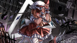 Rule 34 | 1girl, absurdres, ascot, blonde hair, blurry, blurry foreground, commentary, flandre scarlet, german text, hat, hat ribbon, highres, medium hair, mob cap, one side up, red eyes, red ribbon, red skirt, red vest, ribbon, shirt, short sleeves, signature, skirt, solo, thighhighs, top-exerou, touhou, translation request, vest, white hat, white shirt, white thighhighs, yellow ascot