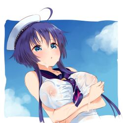 1girl :o ahoge blue_eyes blue_neckerchief blue_sailor_collar blush breasts commentary_request covered_erect_nipples day furrowed_brow hair_between_eyes hat large_breasts mole mole_under_eye neckerchief parted_lips sailor_collar sailor_hat see-through_clothes setouchi_chie shirt short_hair short_hair_with_long_locks solo takano_natsuki toji_no_miko wet wet_clothes wet_shirt white_hat white_shirt