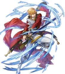 Rule 34 | 1boy, angry, attack, belt, blonde hair, boots, brown eyes, coat, collar, ascot, eldigan (fire emblem), energy, fire emblem, fire emblem: genealogy of the holy war, fire emblem heroes, full body, highres, holding, holding sword, holding weapon, knee boots, male focus, mystletainn, nintendo, official art, open mouth, p-nekor, pants, red coat, serious, sheath, sheathed, short hair, short hair with long locks, solo, sword, teeth, transparent background, weapon, white pants