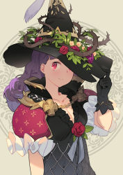 Rule 34 | 1girl, ddal, gloves, hand on headwear, hat, highres, long hair, looking at viewer, original, plant, purple hair, red eyes, smile, solo, vines, witch, witch hat