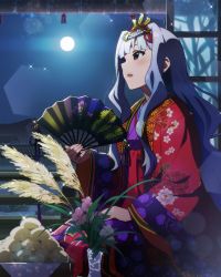 Rule 34 | 10s, 1girl, :o, artist request, floral print, flower, hair ornament, hand fan, idolmaster, idolmaster (classic), idolmaster million live!, idolmaster million live! theater days, japanese clothes, kimono, long hair, moon, night, night sky, official art, open mouth, profile, purple eyes, shijou takane, silver hair, sitting, sky, solo, wavy hair
