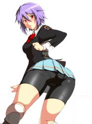 Rule 34 | 1girl, aqua skirt, ass, bike shorts, black jacket, black shorts, bow, closed mouth, cosmic break, cowboy shot, facial tattoo, from behind, frown, halcon, jacket, long sleeves, looking at viewer, looking back, miniskirt, pantylines, pleated skirt, purple hair, red bow, red eyes, renny lop, school uniform, shoes, short hair, shorts, simple background, skirt, socks, solo, standing, star (symbol), striped clothes, striped skirt, tattoo, white background, white socks