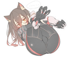Rule 34 | ..., 1girl, animal ear fluff, animal ears, ass, black hair, breasts, brown eyes, camouflage, camouflage shirt, cat ears, commentary, full body, glasses, gradient hair, hair between eyes, hololive, hugging own legs, lying, mechanical legs, multicolored hair, on back, red hair, roboco-san, roboco-san (1st costume), round eyewear, shirt, short sleeves, simple background, solo, spoken ellipsis, sssangan, streaked hair, virtual youtuber, white background