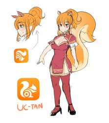 Rule 34 | 1girl, absurdres, animal ears, breasts, character name, chinese clothes, cleavage, cleavage cutout, clothing cutout, collarbone, commentary, full body, high heels, highres, hinghoi, large breasts, long hair, multiple views, orange hair, os-tan, pelvic curtain, personification, ponytail, red eyes, red thighhighs, short sleeves, simple background, smile, squirrel ears, squirrel girl, squirrel tail, standing, tail, thighhighs, uc-tan, uc browser, white background