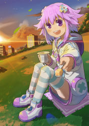 Rule 34 | 10s, 1girl, building, choker, city, d-pad, female focus, food, hair ornament, highres, looking at viewer, neptune (neptunia), neptune (series), pudding, purple eyes, purple hair, segamark, short hair, sky, solo, striped clothes, striped thighhighs, sunset, thighhighs