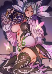 Rule 34 | 1girl, aduti momoyama, ass, aversa (fire emblem), book, breasts, bug, butterfly, cleavage, dark-skinned female, dark skin, facial mark, fingernails, fire emblem, fire emblem awakening, fire emblem heroes, full body, highres, holding, insect, jewelry, large breasts, long fingernails, long hair, nail polish, nintendo, official alternate costume, parted lips, red eyes, seductive smile, smile, solo, thighhighs, thighs, white hair