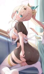 Rule 34 | 1girl, ass, bike shorts, black shorts, black shrug, blonde hair, blue eyes, blush, breasts, chest sarashi, couch, from behind, hair between eyes, hashtag-only commentary, highres, hino kagutsuki, hololive, indoors, kazama iroha, kazama iroha (1st costume), large breasts, looking at viewer, looking back, on couch, ponytail, sarashi, short sleeves, shorts, soles, solo, thigh strap, thighhighs, torn clothes, torn shorts, undone sarashi, virtual youtuber, white thighhighs