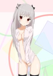 Rule 34 | 10s, 1girl, black thighhighs, blush, breasts, female focus, hair ornament, long hair, long sleeves, looking at viewer, medium breasts, naked shirt, no bra, open clothes, open shirt, qualidea code, red eyes, shiny skin, shirt, silver hair, solo, standing, tenkawa maihime, thighhighs, white shirt