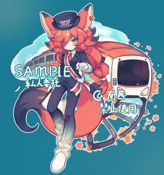 Rule 34 | 1girl, absurdres, animal ears, black jacket, black pants, black suit, blue background, braid, chinese text, closed mouth, collared shirt, dot mouth, ear piercing, expressionless, female service cap, flag, formal, fox ears, fox tail, full body, gloves, gradient pants, green eyes, highres, holding, holding flag, jacket, leaf, long hair, looking at viewer, maple leaf, necktie, orange hair, original, pants, piercing, railroad tracks, red necktie, red sash, sample watermark, sash, shirt, shoulder sash, single braid, solo, standing, suit, tail, train, watermark, white flag, white footwear, white gloves, white pants, white shirt, xianyudian laoban
