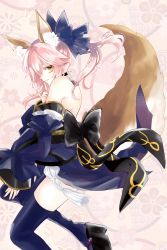 Rule 34 | 1girl, animal ear fluff, animal ears, asa (1asa-0-asa1), bad id, bad pixiv id, bare shoulders, blue bow, blue kimono, blue thighhighs, bow, breasts, detached sleeves, fate/extra, fate (series), fox ears, fox girl, fox tail, hair between eyes, hair bow, highres, japanese clothes, kimono, large breasts, long hair, looking at viewer, obi, pink hair, platform clogs, sash, sidelocks, smile, solo, tail, tamamo (fate), tamamo no mae (fate/extra), thighhighs, thighs, wide sleeves, yellow eyes