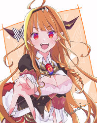 Rule 34 | 1girl, ahoge, blonde hair, braid, breasts, cleavage, cleavage cutout, clothing cutout, collared shirt, dragon girl, dragon horns, hololive, horns, kiryu coco, kiryu coco (1st costume), kyou fumei, large breasts, long hair, looking at viewer, multicolored hair, orange hair, pointy ears, red eyes, red skirt, shirt, single braid, skirt, smile, solo, streaked hair, teeth, upper teeth only, v, virtual youtuber, white shirt