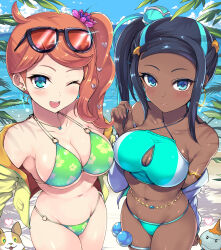 Rule 34 | 2girls, ;d, beach, belly chain, bikini, black hair, blue eyes, blue eyeshadow, blue hair, blue sky, blush, breasts, chewtle, cleavage, cleavage cutout, clothing cutout, cloud, commentary request, cowboy shot, creatures (company), dark-skinned female, dark skin, day, earrings, eyeshadow, eyewear on head, floral print, flower, from above, game freak, gen 8 pokemon, green bikini, green eyes, hair bun, hair flower, hair ornament, halterneck, heart, heart hair ornament, highres, hoop earrings, jacket, jewelry, kasai shin, large breasts, long hair, looking at viewer, makeup, multicolored hair, multiple girls, navel, nessa (pokemon), nintendo, o-ring, o-ring bikini, o-ring bottom, o-ring top, ocean, one eye closed, open mouth, orange hair, outdoors, palms, pokemon, pokemon (creature), pokemon swsh, side ponytail, single hair bun, sky, smile, sonia (pokemon), sunglasses, swimsuit, two-tone bikini, two-tone hair, yamper, yellow jacket