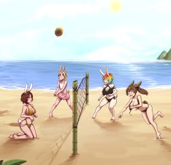 Rule 34 | 4girls, absurdres, animal ears, ball, barefoot, beach, beach volleyball, bikini, blonde hair, blue hair, breasts, brown hair, cleavage, commentary, criss-cross halter, d-rex, day, falling, halterneck, highres, huge breasts, kneeling, large breasts, leg up, long hair, mountain, multicolored hair, multiple girls, navel, ocean, original, outdoors, parted bangs, pink skirt, playing sports, ponytail, rabbit ears, rabbit tail, red hair, running, short hair, skirt, sun, swimsuit, tail, untied bikini, volleyball, volleyball (object), volleyball net, wardrobe malfunction