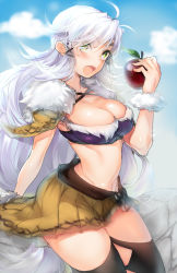Rule 34 | 1girl, ahoge, apple, black thighhighs, blush, breasts, cleavage, fang, female focus, final fantasy, final fantasy crystal chronicles, food, fruit, fur trim, green eyes, hair ribbon, highres, large breasts, long hair, looking at viewer, midriff, naso4, open mouth, ribbon, selkie, silver hair, sketch, skirt, sky, solo, thighhighs, wolfie selkie (female)