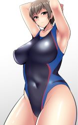 Rule 34 | 1girl, armpits, arms behind head, arms up, breasts, brown eyes, brown hair, competition swimsuit, freckles, girls und panzer, hifumi hajime, large breasts, looking at viewer, naomi (girls und panzer), one-piece swimsuit, short hair, solo, swimsuit