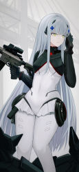Rule 34 | 1girl, absurdres, amamizu shizuku, assault rifle, black bodysuit, black gloves, blue hair, bodysuit, breasts, covered navel, feet out of frame, girls&#039; frontline, gloves, green eyes, gun, h&amp;k hk416, hair ornament, hairclip, highres, hk416 (girls&#039; frontline), hk416 (midnight evangelion) (girls&#039; frontline), holding, holding gun, holding walkie-talkie, holding weapon, light blue hair, long hair, long sleeves, looking away, md5 mismatch, medium breasts, multicolored bodysuit, multicolored clothes, official alternate costume, open mouth, resolution mismatch, rifle, simple background, solo, source larger, standing, walkie-talkie, weapon, white bodysuit