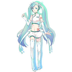 Rule 34 | 1girl, alternate costume, aqua eyes, aqua hair, elbow gloves, female focus, full body, gloves, hatsune miku, legs, long hair, mentsuyu, simple background, smile, solo, thighhighs, twintails, very long hair, vocaloid, white background