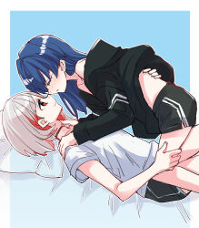 Rule 34 | 2girls, black choker, black shorts, blue hair, choker, closed eyes, collarbone, colored inner hair, dark blue hair, face-to-face, facing another, girl on top, gradient background, grey hair, hair down, hand on another&#039;s back, hand on another&#039;s leg, hands on another&#039;s shoulders, hickey, highres, jacket, jacket partially removed, kanduki kamibukuro, light blue background, light smile, link! like! love live!, long hair, long sleeves, looking at another, love live!, lying, mole, mole on neck, multicolored hair, multiple girls, murano sayaka, noses touching, on back, outline, parted lips, red hair, shirt, short hair, shorts, streaked hair, white outline, white shirt, yugiri tsuzuri, yuri