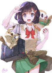 Rule 34 | 1girl, absurdres, bag, bag charm, black hair, blue eyes, bow, bowtie, brown jacket, charm (object), clothes around waist, collared shirt, creatures (company), ditto, game freak, gen 1 pokemon, gen 7 pokemon, green skirt, hair ornament, hairpin, highres, holding, holding poke ball, honyaru (nanairo39), jacket, mimikyu, nintendo, pikachu, poke ball, pokemon, pokemon (creature), pokemon sm, red bow, red bowtie, rowlet, school bag, school uniform, selene (pokemon), shirt, skirt, sleeveless, sleeveless sweater, sleeves rolled up, smile, sweater, uniform, w