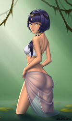 Rule 34 | 1girl, ass, bare shoulders, blue eyes, blue hair, breasts, candace (genshin impact), from behind, genshin impact, heterochromia, highres, lefocris, long hair, looking at viewer, medium breasts, open mouth, sarong, shiny skin, sideboob, smile, solo, yellow eyes