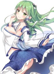 Rule 34 | 1girl, ass, bare shoulders, blue skirt, breasts, closed mouth, detached sleeves, frog hair ornament, green eyes, green hair, hair ornament, hair tubes, kochiya sanae, large breasts, long hair, looking at viewer, midriff, non (nobu), sideboob, simple background, skirt, smile, snake hair ornament, solo, thighhighs, touhou, white background, white thighhighs
