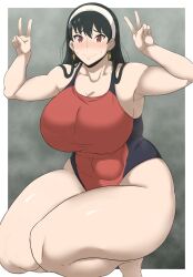 Rule 34 | 1girl, black hair, blush, border, breasts, double v, earrings, hairband, highres, huge breasts, jewelry, long hair, looking at viewer, oryutoo, outside border, red eyes, simple background, smile, solo, spy x family, squatting, swimsuit, thick thighs, thighs, two-tone swimsuit, v, white border, white hairband, yor briar