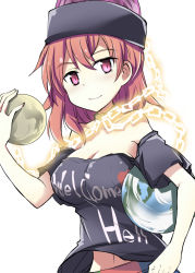 Rule 34 | 1girl, bare shoulders, black shirt, blush, breasts, carrying, carrying under arm, chain, cleavage, clothes writing, collar, commentary request, earth (ornament), hecatia lapislazuli, large breasts, long hair, looking at viewer, moon (ornament), navel, off-shoulder shirt, off shoulder, red eyes, red hair, red skirt, shirt, skirt, smile, solo, suichuu hanabi, t-shirt, touhou, white background
