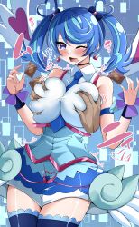 Rule 34 | 1girl, absurdres, armlet, blue angel (yu-gi-oh!), blue eyes, blue hair, blue necktie, blue streaks, blue thighhighs, breasts, card, deep skin, disembodied hand, earrings, grabbing another&#039;s breast, grabbing from behind, groping, heart, heart earrings, heart hair, highres, huge breasts, jewelry, looking at viewer, multicolored hair, necktie, open mouth, shirt, sleeveless, streaked hair, thighhighs, twintails, winged armlet, wings, ya-man, yu-gi-oh!, yu-gi-oh! vrains, zaizen aoi