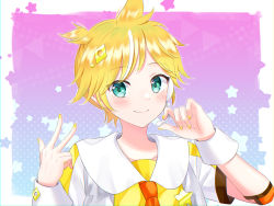 Rule 34 | 1boy, blonde hair, blue eyes, blush, collared shirt, elbow pads, gradient background, hair ornament, headset, highres, kagamine len, looking at viewer, male focus, multicolored hair, nail polish, necktie, ponytail, rooibos, sailor collar, shirt, short sleeves, smile, solo, star (symbol), star ornament, streaked hair, vocaloid, w, white hair, wrist cuffs