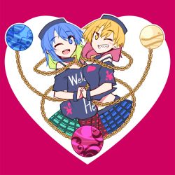 Rule 34 | 2girls, blonde hair, blue eyes, blue hair, chain, clothes writing, collar, crop top, cuffs, dual persona, earth (planet), grin, hecatia lapislazuli, hecatia lapislazuli (earth), hecatia lapislazuli (moon), hemogurobin a1c, holding hands, interlocked fingers, looking at viewer, midriff, moon, multicolored clothes, multicolored skirt, multiple girls, off shoulder, one eye closed, open mouth, planet, shackles, sharp teeth, shirt, skirt, smile, teeth, touhou, yellow eyes