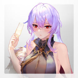 Rule 34 | 1girl, admiral hipper (blue oath), bare shoulders, between breasts, blue oath, border, breasts, champagne flute, cleavage, cross, cup, drinking glass, freewaterlemon, hair between eyes, highres, iron cross, large breasts, lips, long hair, looking at viewer, parted lips, purple hair, red eyes, sidelocks, solo