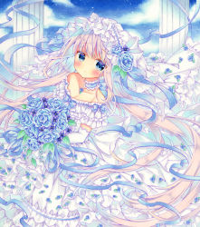 Rule 34 | 1girl, bad id, bad pixiv id, bare shoulders, blue eyes, blue flower, blue hair, blue ribbon, blue rose, blue sky, blush, bouquet, bow, bridal veil, bride, choker, closed mouth, cloud, collarbone, commentary, day, dress, dress flower, elbow gloves, expressionless, floating hair, flower, frilled choker, frilled dress, frills, gloves, gradient hair, hair flower, hair ornament, holding, holding bouquet, long hair, looking at viewer, marker (medium), multicolored hair, off-shoulder dress, off shoulder, original, pillar, pink hair, puu (kari---ume), ribbon, rose, short sleeves, sky, solo, traditional media, twitter username, veil, very long hair, wedding dress, white dress, white gloves