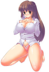 Rule 34 | 1girl, bare legs, barefoot, blush, breasts, brown eyes, brown hair, cleavage, full body, hands on own chest, highres, kneeling, large breasts, lingerie, long hair, looking at viewer, panties, simple background, solo, uchiu kazuma, underwear, white background