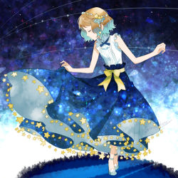 Rule 34 | 1girl, aqua footwear, blue ribbon, bow, commentary request, creatures (company), dress, eyelashes, closed eyes, flowing dress (dq), game freak, hair ornament, holding, holding clothes, holding dress, kanimaru, light brown hair, neck ribbon, nintendo, pokemon, pokemon (anime), pokemon xy (anime), ribbon, serena (pokemon), shoes, short hair, skirt, sleeveless, solo, sparkle, standing, star (symbol), yellow bow