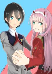 Rule 34 | 10s, 1boy, 1girl, black hair, blue eyes, commentary request, couple, darling in the franxx, green eyes, hair ornament, hairband, hetero, hiro (darling in the franxx), holding hands, horns, interlocked fingers, long hair, long sleeves, looking at viewer, military, military uniform, necktie, oni horns, oracion nanase, pink hair, red horns, red neckwear, short hair, signature, uniform, white hairband, zero two (darling in the franxx)