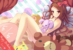 Rule 34 | 1girl, bed, bow, breasts, brown eyes, brown hair, character name, cleavage, collarbone, eyebrows, hair bow, idolmaster, idolmaster (classic), long hair, minase iori, nude, pillow, red bow, small breasts, solo, stuffed animal, stuffed toy, teddy bear