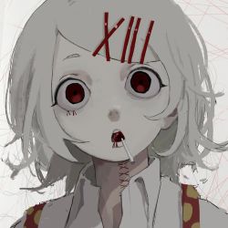 Rule 34 | 1boy, candy, end80236189, food, hair ornament, hairclip, highres, lollipop, mouth hold, pale skin, parted lips, portrait, red eyes, shirt, short hair, simple background, solo, stitches, suzuya juzo, white hair, white shirt