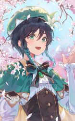 Rule 34 | 1boy, 2gong (9ujin ), absurdres, aqua hair, beret, black hair, bow, bowtie, braid, brooch, capelet, cherry blossoms, corset, genshin impact, gradient hair, green capelet, green eyes, green hat, hand up, hat, highres, jewelry, long sleeves, looking at viewer, male focus, multicolored hair, open mouth, petals, shirt, short hair with long locks, smile, solo, twin braids, two-tone hair, upper body, venti (genshin impact), white shirt